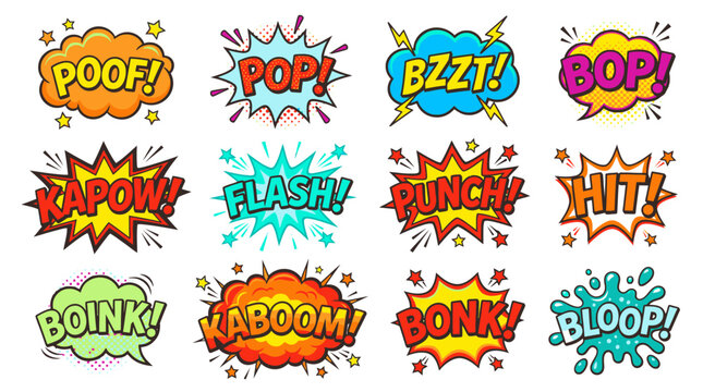 Pop art comic bubbles featuring kapow and hit sound effects.