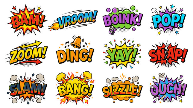 Pop art comic bubbles with Bam Vroom and Sizzle effects.