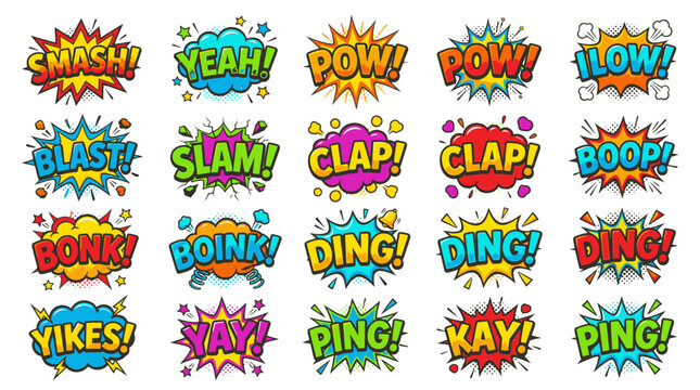Multiple comic speech bubbles with smash and yay effects.