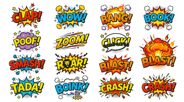Large collection of comic book sound effects and blasts.
