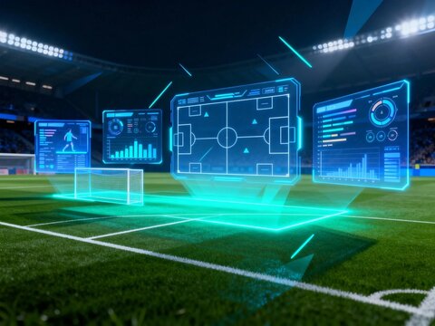 Futuristic soccer analytics on stadium field