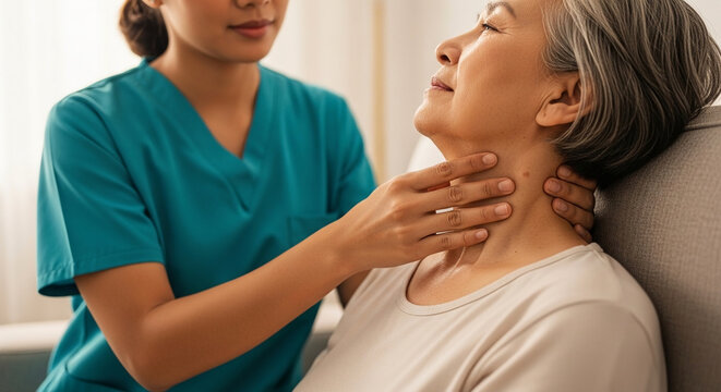 Professional nurse in teal scrubs performing medical examination of a senior woman's neck, checking lymph nodes in home healthcare nursing context.