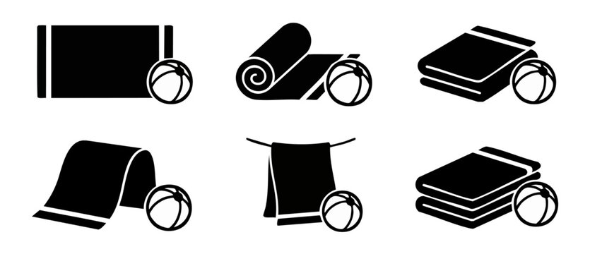 Beach towel ball icon set for summer vacation leisure graphics featuring folded rolled hanging and flat bath towels with inflatable beachball glyph illustrations set on isolated white background.
