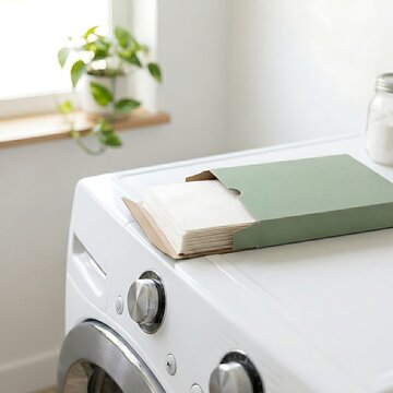 Eco friendly laundry detergent sheets in biodegradable cardboard packaging placed on a white washing machine to represent sustainable household chores and zero waste lifestyle choices.