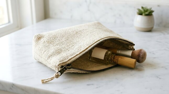 Natural textured cotton makeup pouch containing a wooden cosmetic brush and organic serum bottle rests on a luxurious marble vanity surface near a window with soft natural morning lighting.