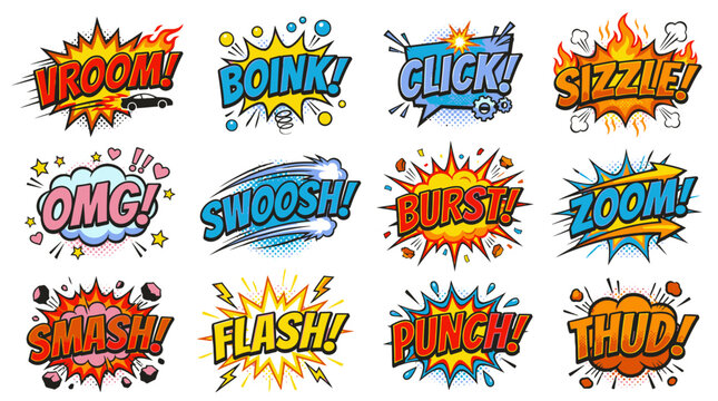 Intense comic book sound effect graphics and bursts.