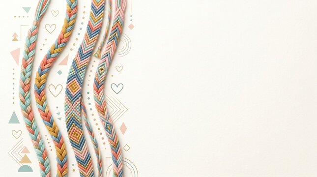 Colorful braided cord designs with geometric patterns on cream background