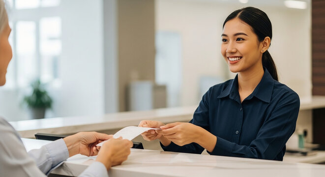 Professional smiling Asian woman bank teller or receptionist handing over a receipt or document to a customer at a modern front desk office counter