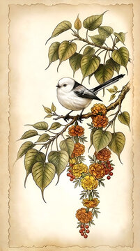 Three Holy Trees: Long-tailed tit (Shimaenaga) perched on a blooming Bodhi tree with marigold garland, antique botanical illustration | 
三大聖樹：シマエナガがとまる菩提樹とマリーゴールドのガーランド-アンティークボタニカルアート