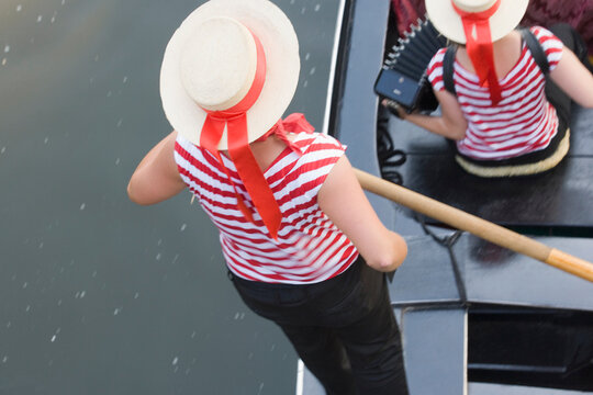 High angle view of a gondolier paddling gondola