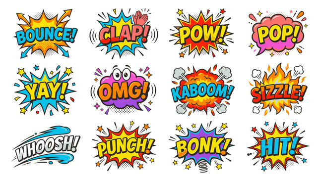 Kaboom and punch comic onomatopoeia speech bubble collection.