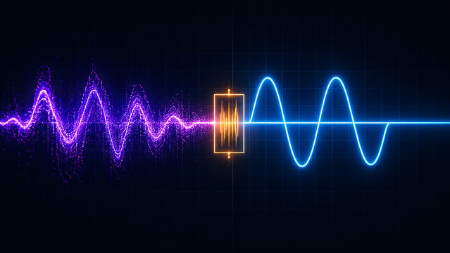 Digital signal processing visualization showing noisy waveform transformed into clean signal representing data filtering and communication technology