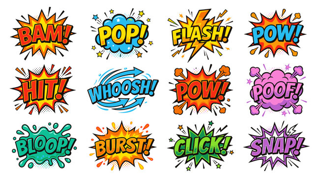 Multi-colored comic book onomatopoeia and speech bubbles set.