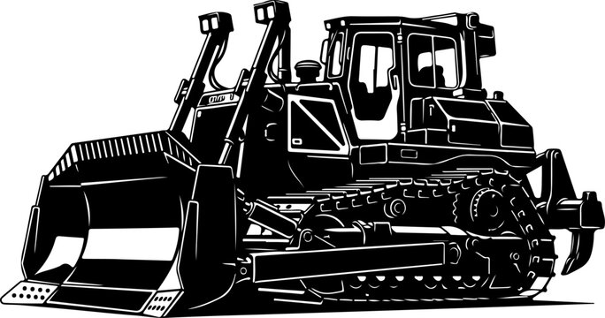 Bulldozer, heavy equipment, construction vehicle, industrial machine, black and white vector