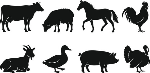 Fototapeta premium Farm Animal Silhouette Collection Featuring Cow Sheep Horse Rooster Goat Duck Pig and Turkey
