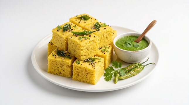 Authentic Gujarati Khaman Dhokla with Green Chutney Isolated on White Background