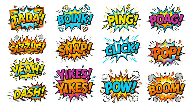 Playful cartoon onomatopoeia bubbles for energetic designs.