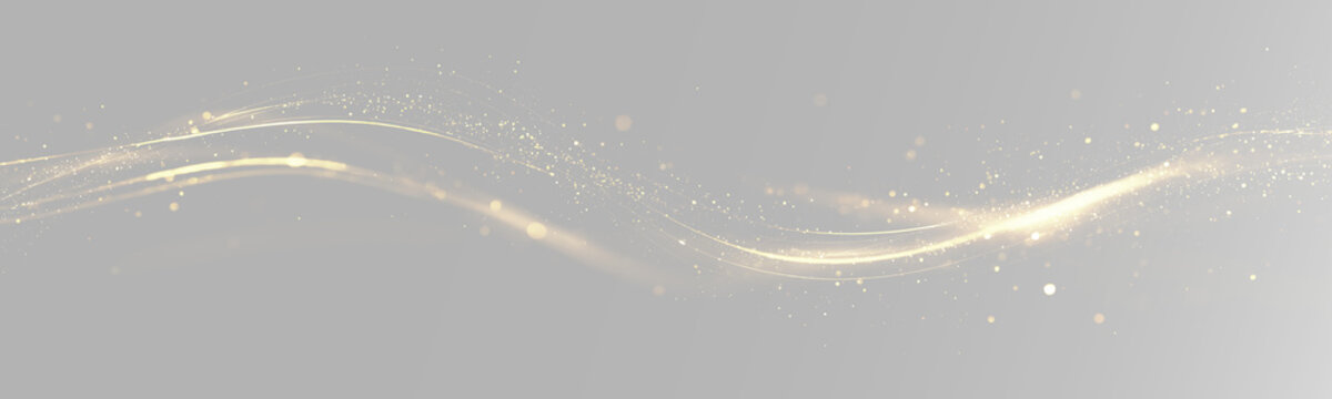 Golden light waves with glowing particles flowing in a smooth abstract composition on a light grey isolated background