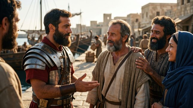 Roman centurion talking to a man and a woman at a harbor. Biblical scene depicting the apostle Paul meeting friends at Sidon port. Historical drama, ancient fashion and travel.