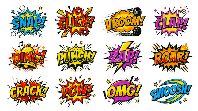 Retro action words comic speech bubbles set for design.