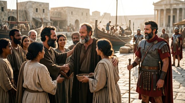 Saint Paul the apostle says goodbye to friends in Sidon harbor viewed by Roman centurion. Biblical scene of traveler meeting disciples before boat journey. Ancient history narrative.
