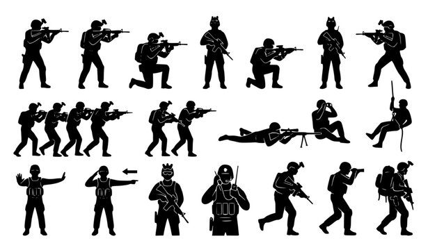 Monochrome military silhouette collection with special forces personnel