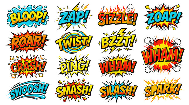 Large set of comic book onomatopoeia stickers including bloop zap.