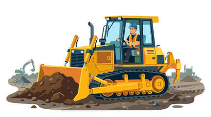 Obraz premium Yellow bulldozer operating on a construction site pushing dirt.