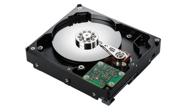 Open hard disk drive with spinning platter and read/write arm
