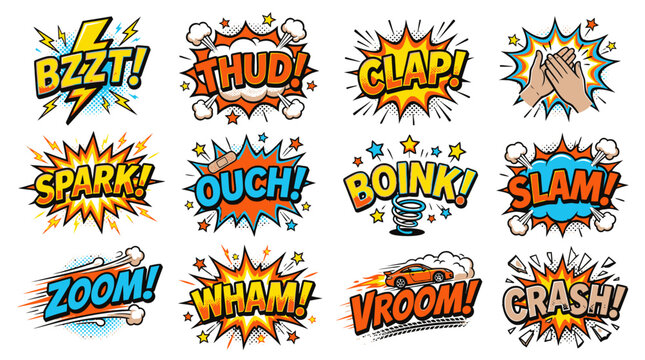 Retro superhero sound effects containing bzzt thud and clap.