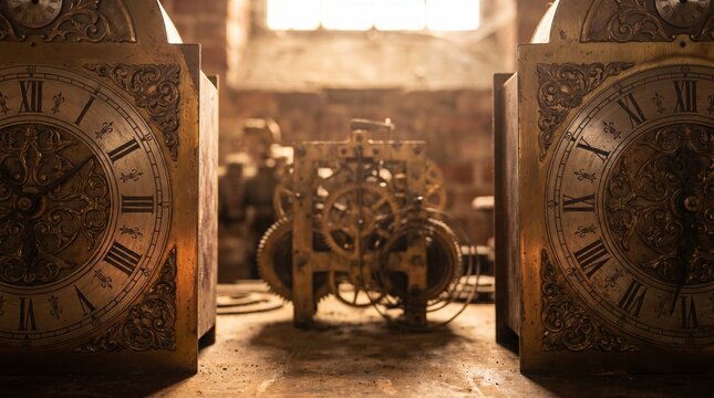 Two antique brass clocks flanking a complex internal clockwork mechanism on a wooden table in a dimly lit room