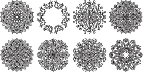 Round floral mandala frames with leaf and petal patterns vector art © Aditya