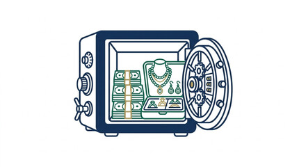 Open safe filled with money and jewelry for security. © Denjiro