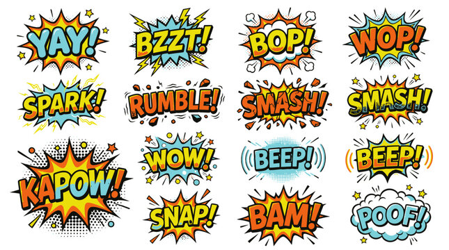 Large set of comic sound effect stickers with Kapow.