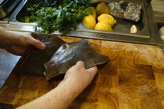 Whole Fresh Flatfish Plaice Flounder Chef Hands Kitchen Seafood Raw Fish Market