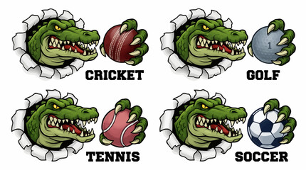 Fototapeta premium Fierce Alligator Heads Breaking Through Paper Holding Cricket, Golf, Tennis, and Soccer Balls, Sports Mascot Vector Illustrations
