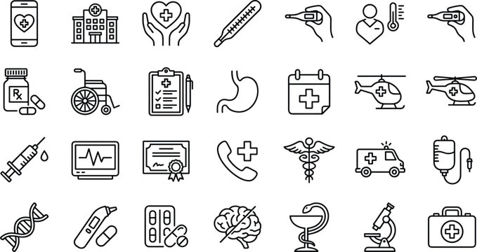 Healthcare and Medical Line Icons Collection with Hospital Emergency Treatment and Wellness Symbols