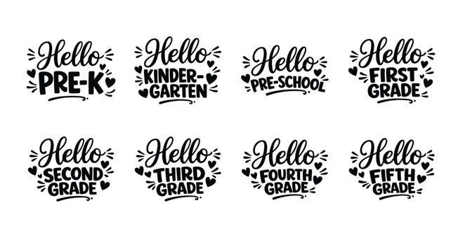Hello School Grade SVG Bundle Typography Designs for Pre K Kindergarten Preschool and Elementary Grades