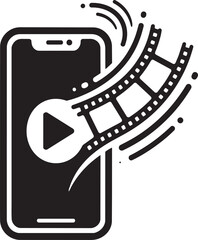 Fototapeta premium Black smartphone video play icon, film strip animation, mobile media symbol, vector graphic