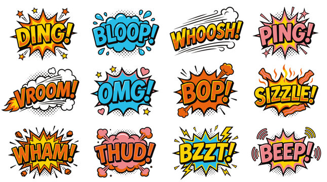 Playful comic book sound effects with bright color palettes.
