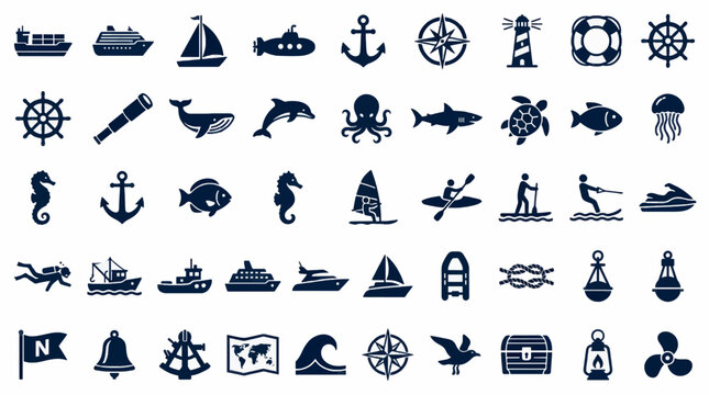 Flat Navy Blue Nautical Icons Collection, Vector Graphics Featuring Ships, Marine Life, Water Sports, Navigation Tools, and Maritime Symbols