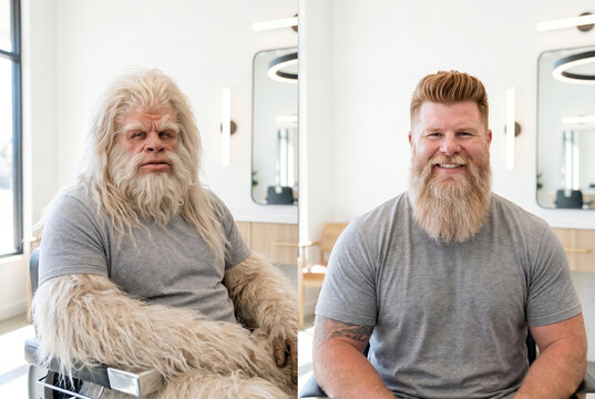  Funny before and after barbershop grooming concept: detailed split screen comparing a wild hairy yeti monster and a handsome smiling bearded man sitting in a bright modern salon.