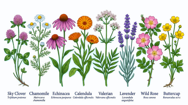 Collection of Medicinal Wild Flowers: Sky Clover, Chamomile, Echinacea, Calendula, Valerian, Lavender, Wild Rose, and Buttercup Vector Illustration on White Background