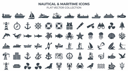 Flat Vector Collection of Nautical and Maritime Icons, Including Ships, Marine Life, and Water Sports, Dark Slate Grey on White Background © alfih