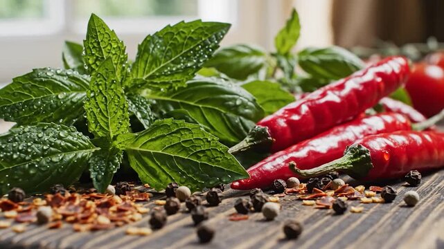 Fresh green mint leaves with water droplets and spicy red chili peppers on a dark rustic wooden table