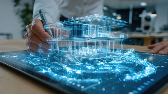 Professional architect reviewing 3D holographic blueprints of net zero energy building modern office studio sustainable construction technology concept