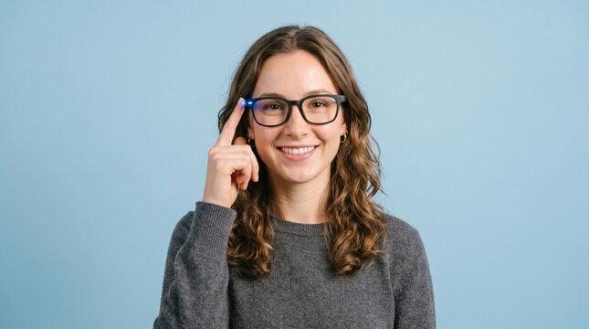 Young woman wearing smart glasses touching temple