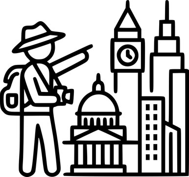 A tourist explores city landmarks with a camera and map downtown.