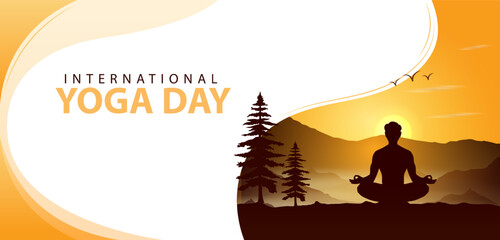 Obraz premium International Yoga Day Poster with Person Practicing Yoga in Nature Vector Illustration