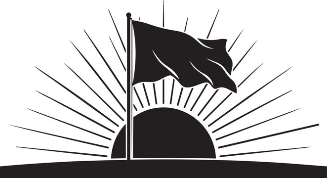 Black silhouette flag waving at sunrise over mountain peak isolated on transparent background, Vector